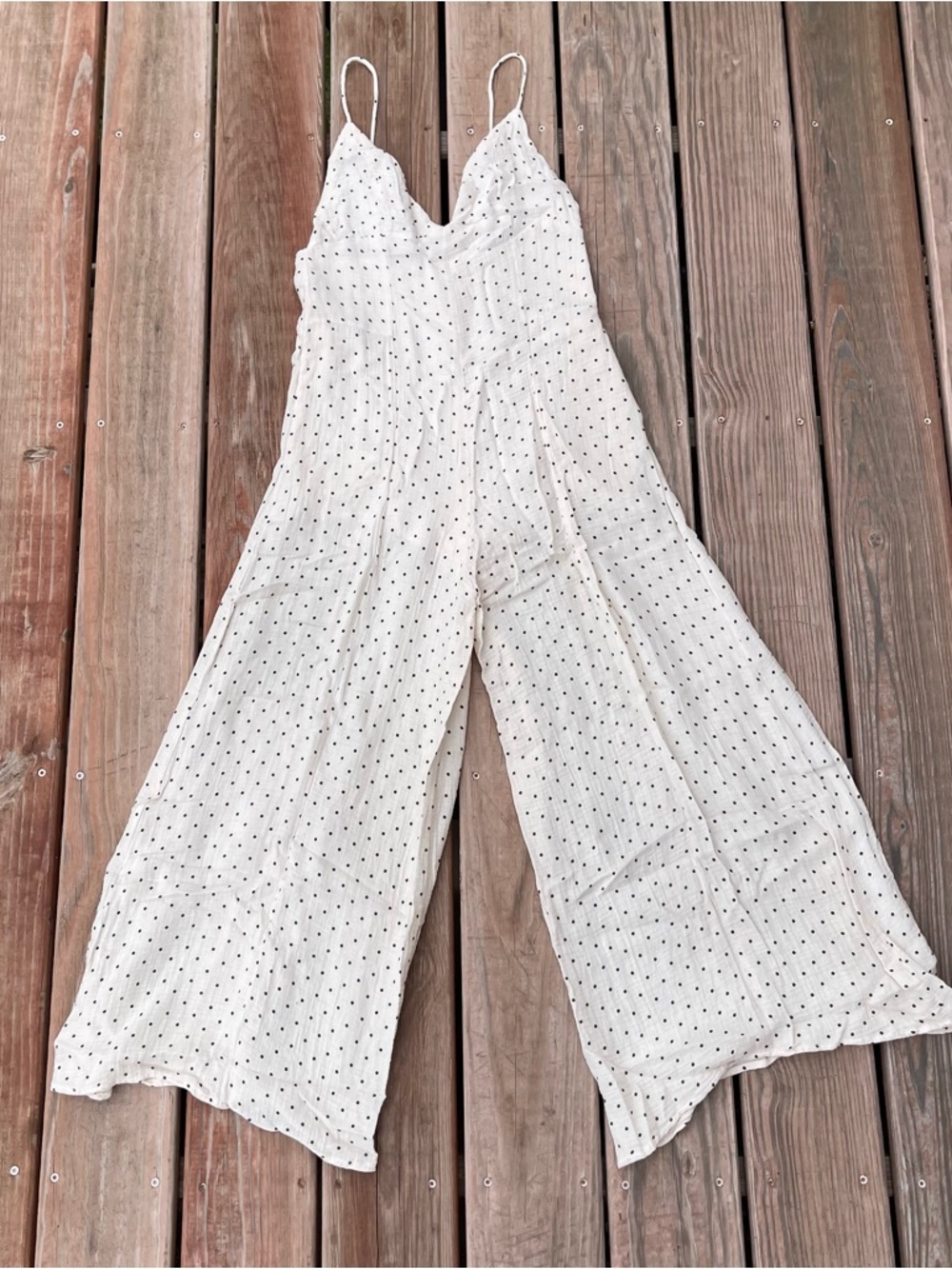 Reset by Jane Ivory Black Polka Dot Cotton blend jumpsuit Strappy Wide Leg Lined - Picture 3 of 10
